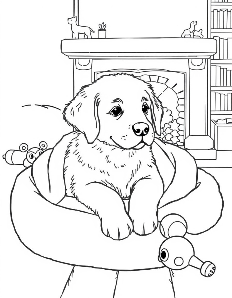 create a drawing of a Golden Retriever puppy  wrapped in a blanket or resting in a pet bed, with toys lying around. You can have a fireplace or a bookcase in the background to create a comfortable cli