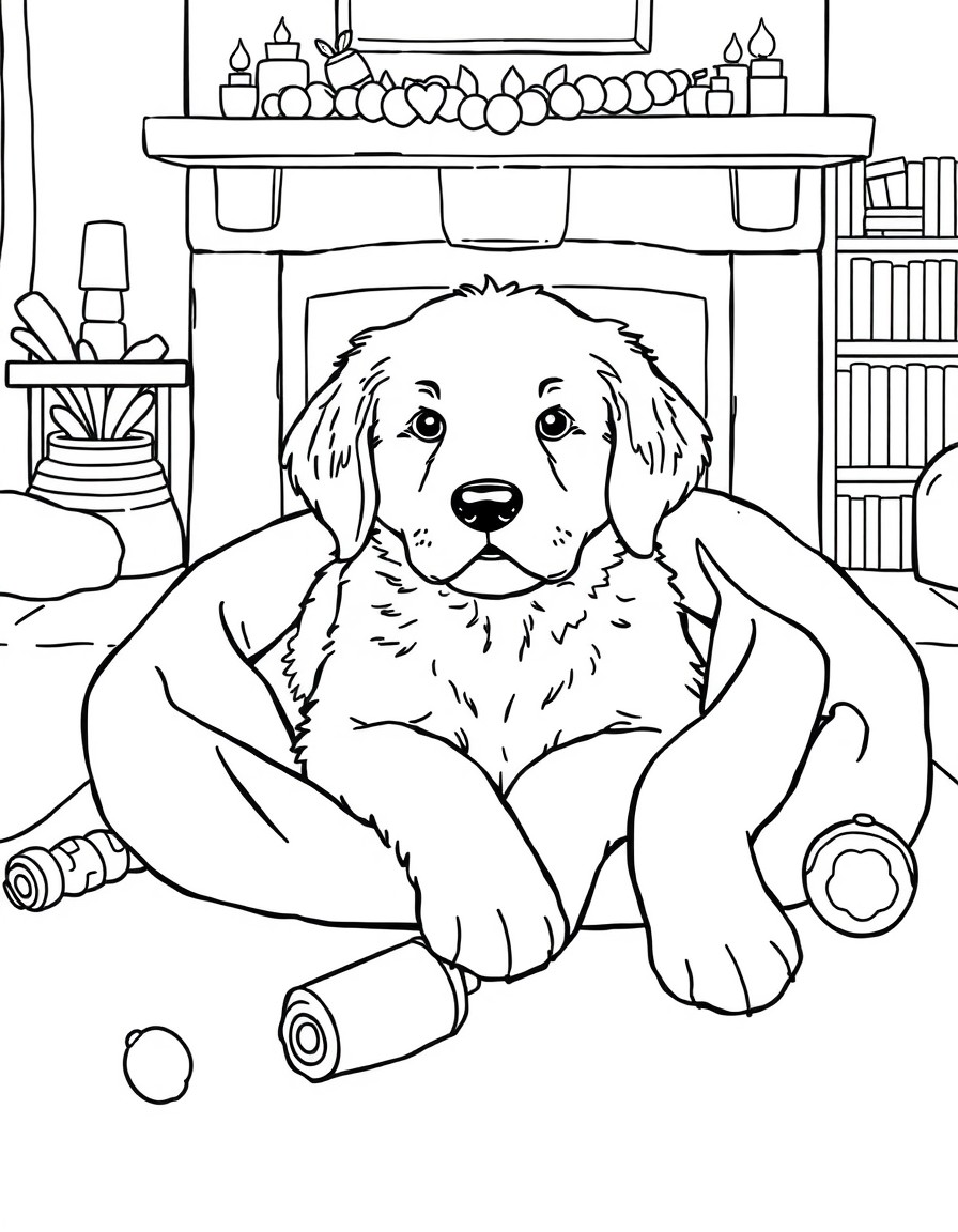 create a drawing of a Golden Retriever puppy  wrapped in a blanket or resting in a pet bed, with toys lying around. You can have a fireplace or a bookcase in the background to create a comfortable cli