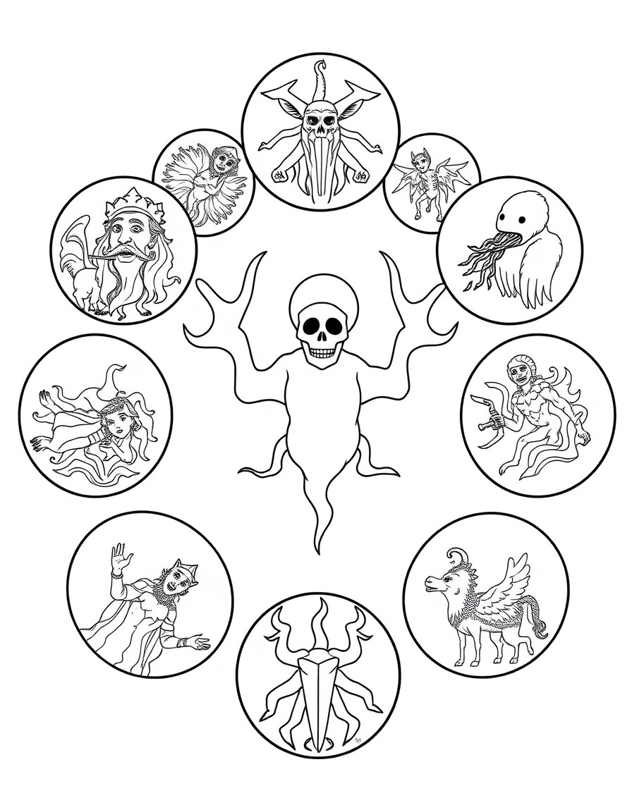 Make me a coloring page for children on the subject of the Ten Plagues The page will have ten large circles, each circle will have one of the plagues according to these instructions   1. Blood Plague