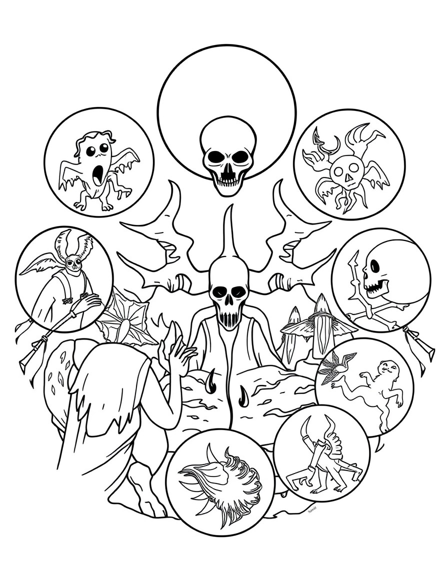 Make me a coloring page for children on the subject of the Ten Plagues The page will have ten large circles, each circle will have one of the plagues according to these instructions   1. Blood Plague