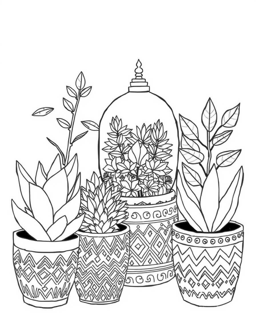 hand-drawn illustration of various potted plants. The scene includes succulents, leafy plants, and a terrarium with intricate detailing. The pots have different decorative patterns, including zigzags,