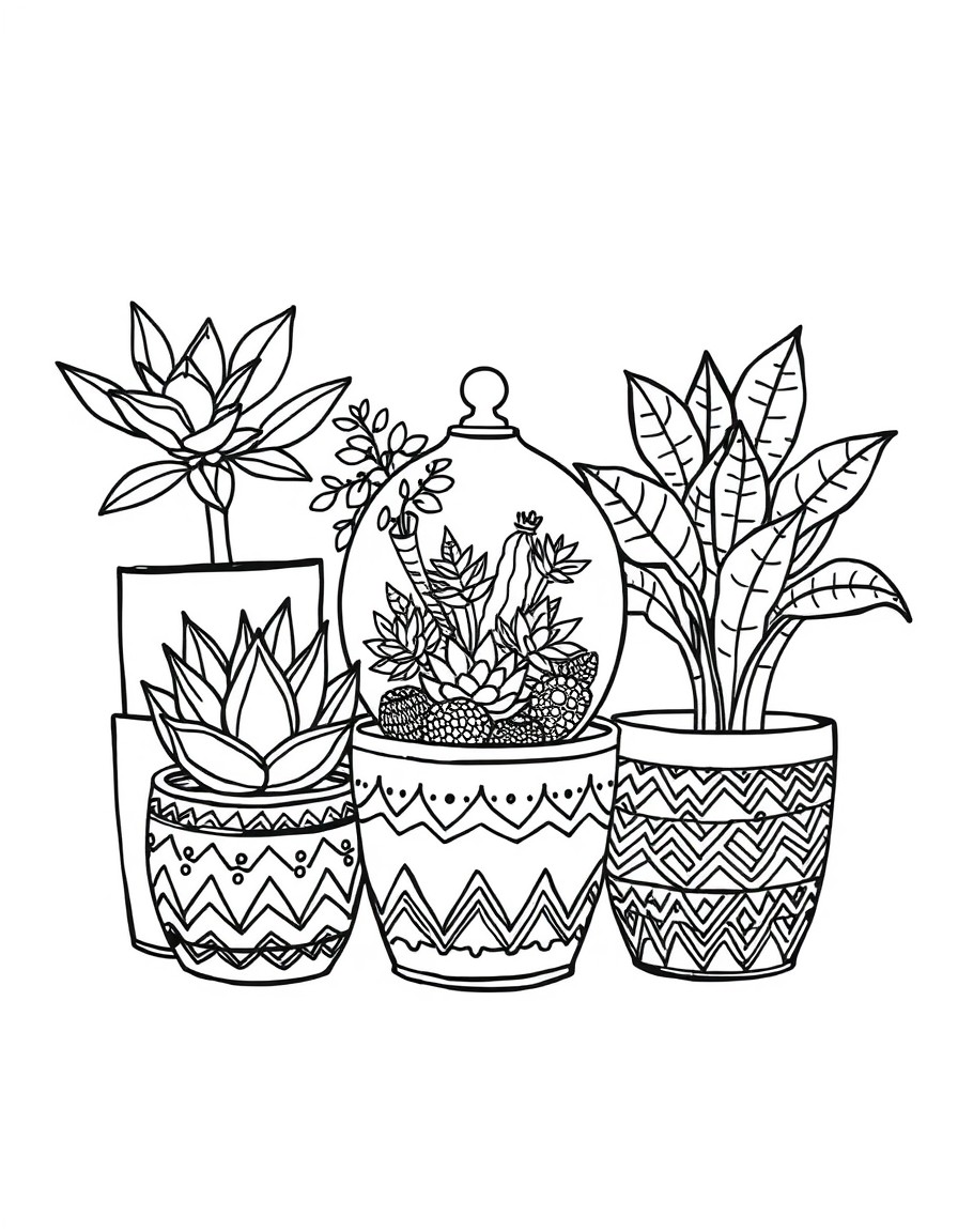 hand-drawn illustration of various potted plants. The scene includes succulents, leafy plants, and a terrarium with intricate detailing. The pots have different decorative patterns, including zigzags,