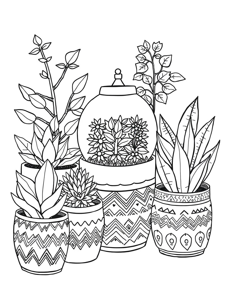 hand-drawn illustration of various potted plants. The scene includes succulents, leafy plants, and a terrarium with intricate detailing. The pots have different decorative patterns, including zigzags,