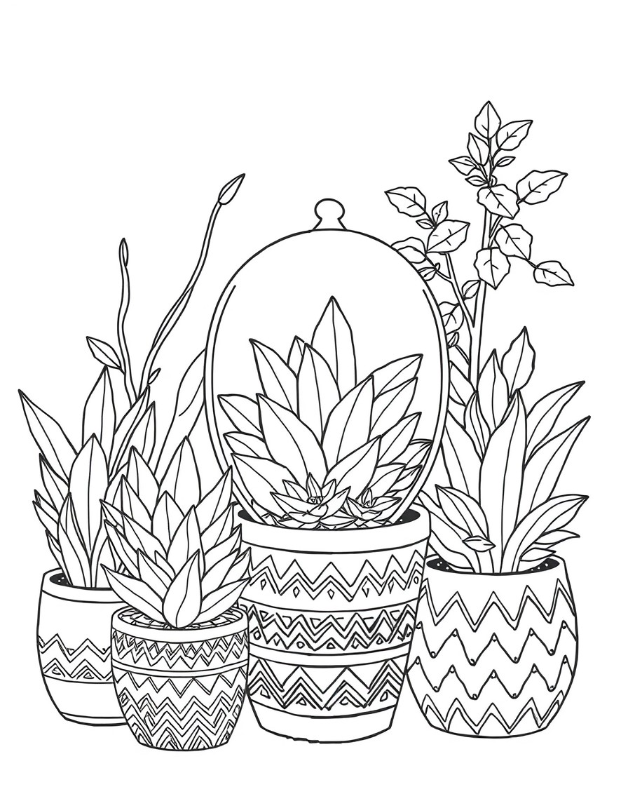 hand-drawn illustration of various potted plants. The scene includes succulents, leafy plants, and a terrarium with intricate detailing. The pots have different decorative patterns, including zigzags,