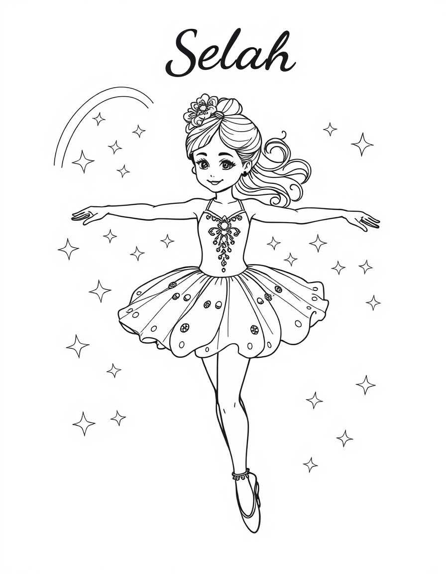 A ballerina with tutu, sparkles and rainbows named Selah