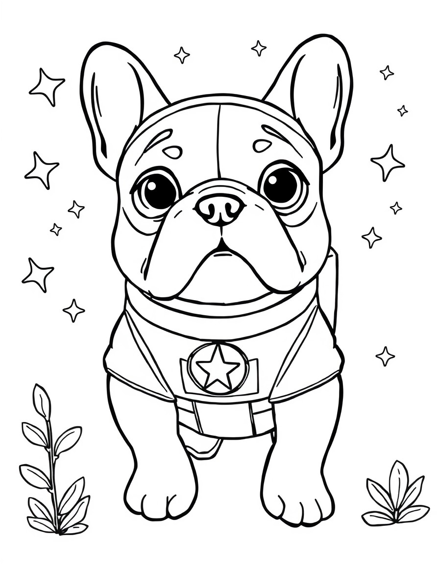 Visualise un petit chien de race bulldog, habill d'une combinaison spatiale brillante avec un logo en forme d'toile sur le devant. Il flotte dans l'espace, entour de plantes et d'toiles.  ses pattes,