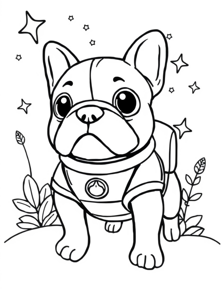 Visualise un petit chien de race bulldog, habill d'une combinaison spatiale brillante avec un logo en forme d'toile sur le devant. Il flotte dans l'espace, entour de plantes et d'toiles.  ses pattes,