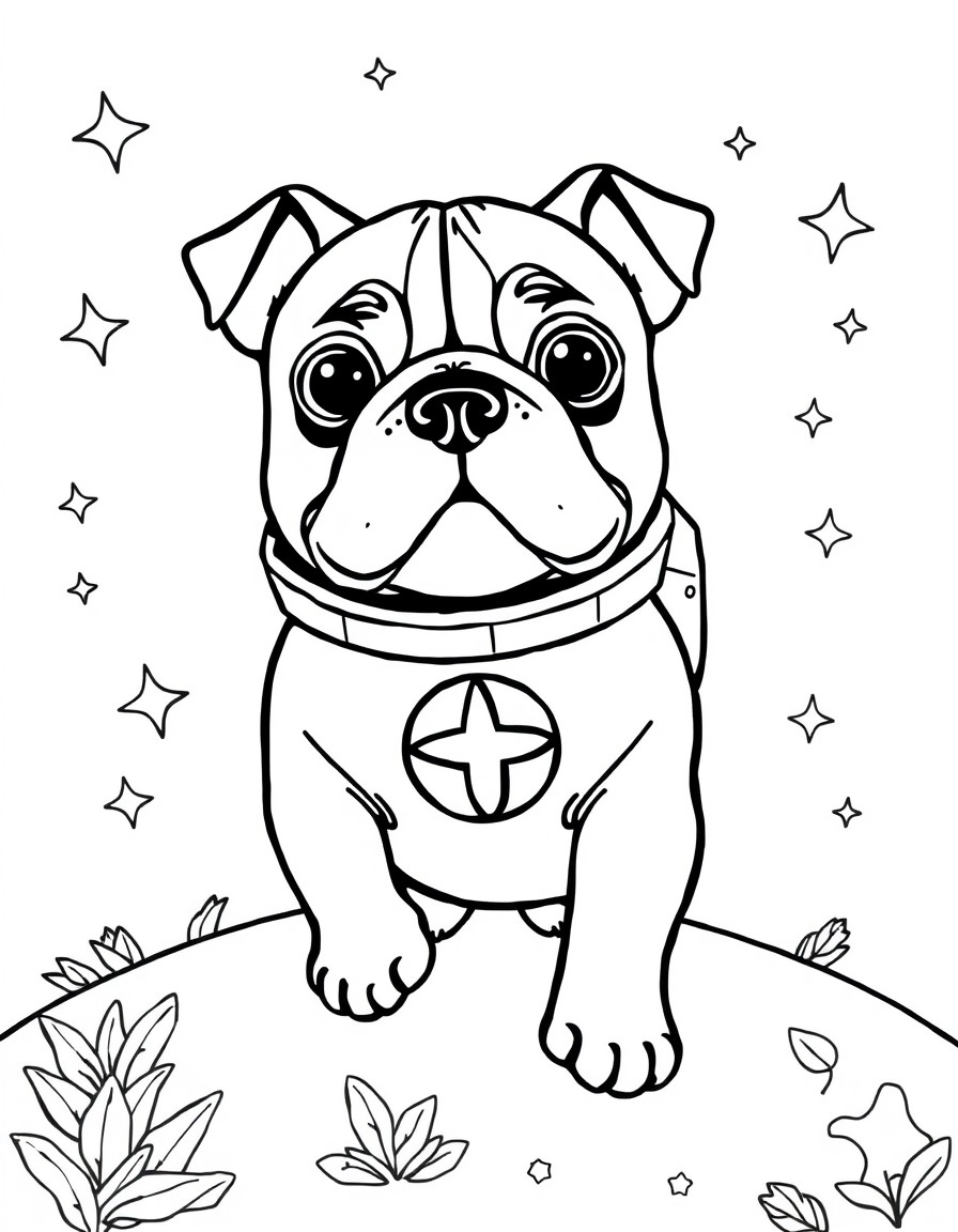 Visualise un petit chien de race bulldog, habill d'une combinaison spatiale brillante avec un logo en forme d'toile sur le devant. Il flotte dans l'espace, entour de plantes et d'toiles.  ses pattes,