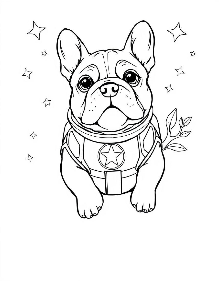 Visualise un petit chien de race bulldog, habill d'une combinaison spatiale brillante avec un logo en forme d'toile sur le devant. Il flotte dans l'espace, entour de plantes et d'toiles.  ses pattes,