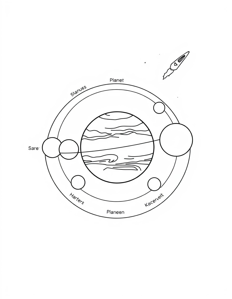 A detailed outline of the solar system with planets arranged in orbit around the sun. Each planet is labeled with space left for kids to color the names. Include stars and a comet in the background. B