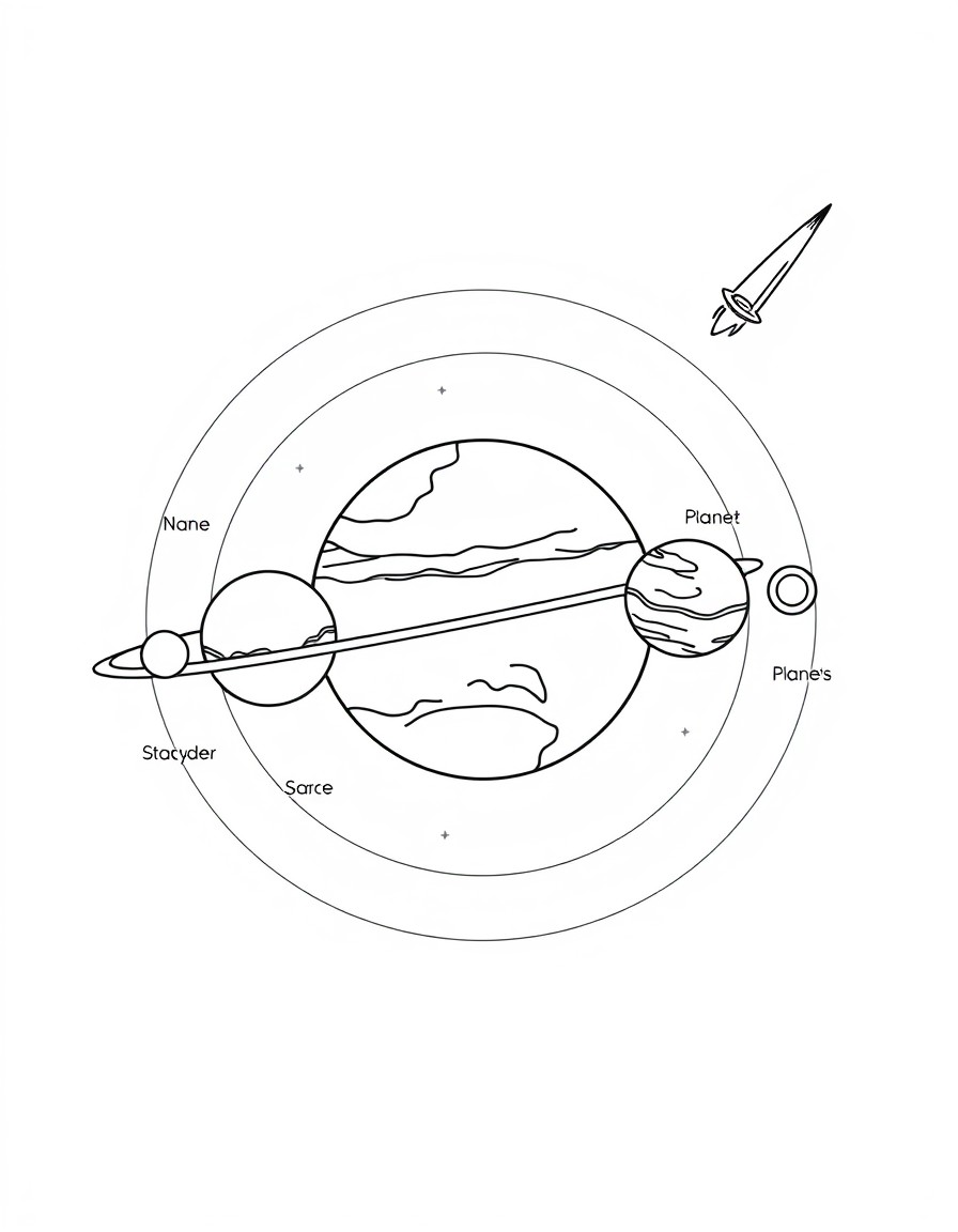 A detailed outline of the solar system with planets arranged in orbit around the sun. Each planet is labeled with space left for kids to color the names. Include stars and a comet in the background. B