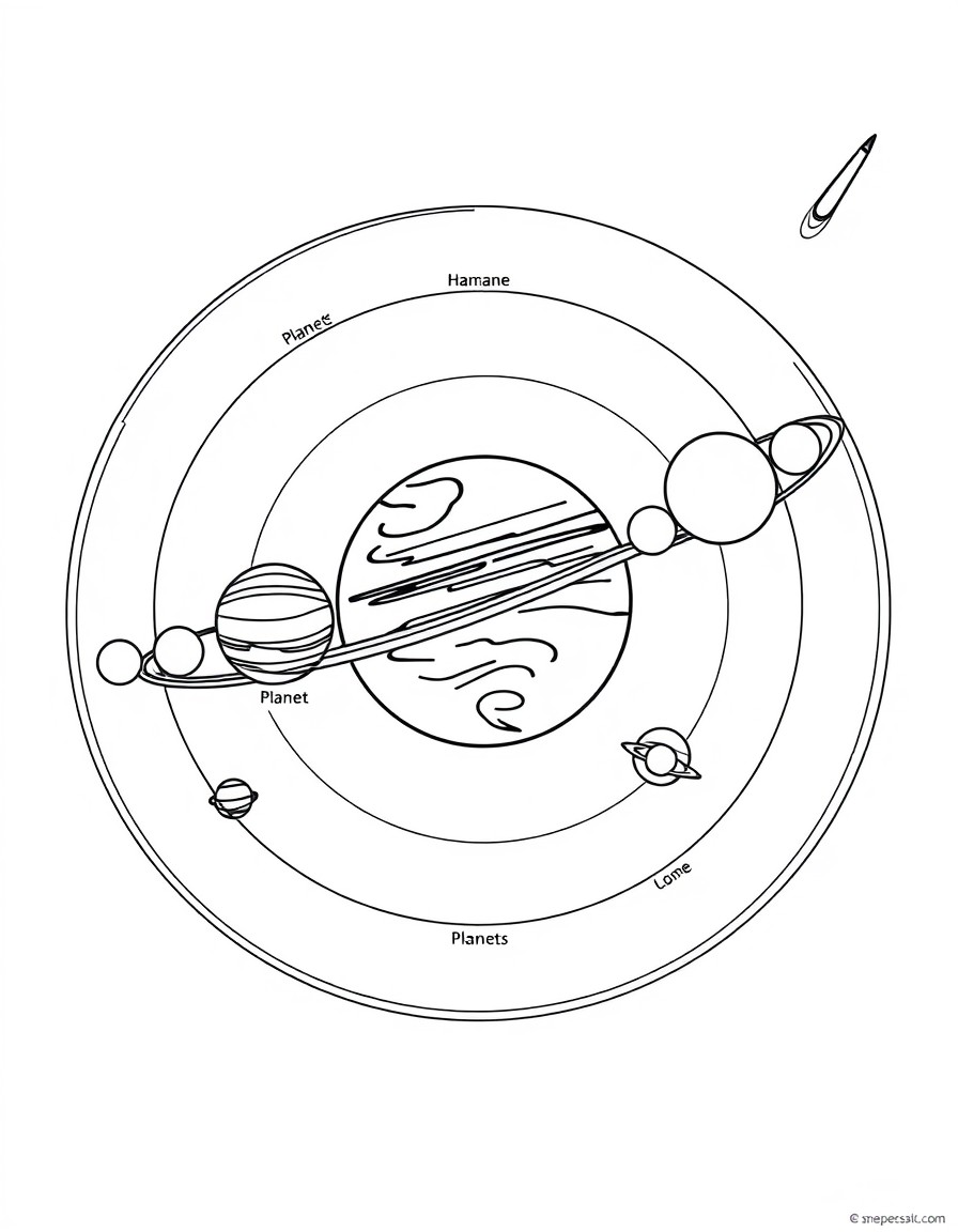 A detailed outline of the solar system with planets arranged in orbit around the sun. Each planet is labeled with space left for kids to color the names. Include stars and a comet in the background. B