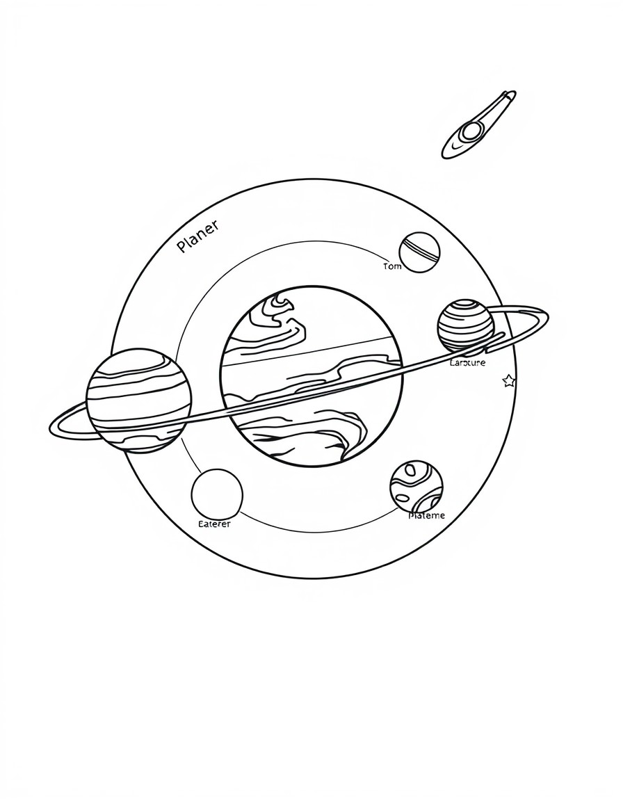 A detailed outline of the solar system with planets arranged in orbit around the sun. Each planet is labeled with space left for kids to color the names. Include stars and a comet in the background. B