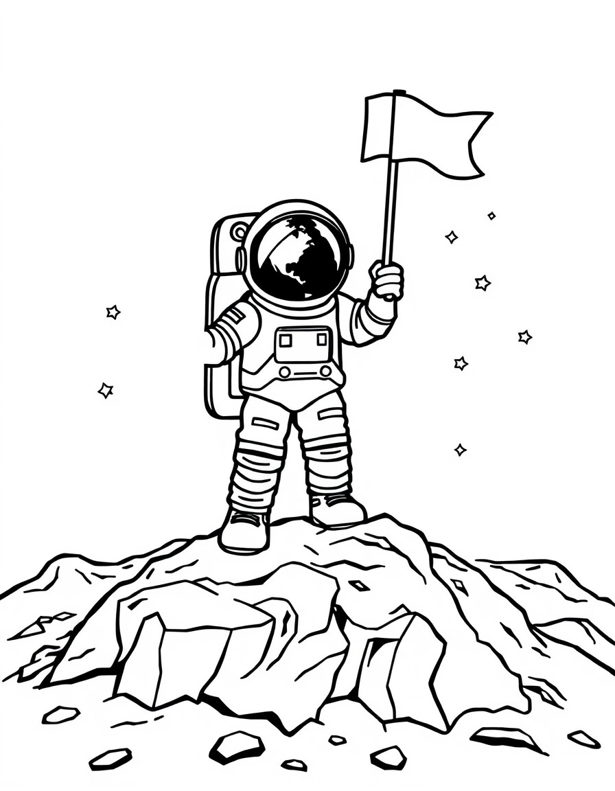 An astronaut standing on a rocky moon surface holding a flag. In the background show Earth as a small globe in space surrounded by stars. Keep the design simple and bold for coloring