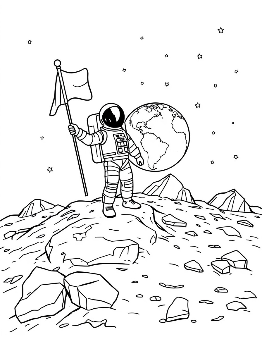 An astronaut standing on a rocky moon surface holding a flag. In the background show Earth as a small globe in space surrounded by stars. Keep the design simple and bold for coloring