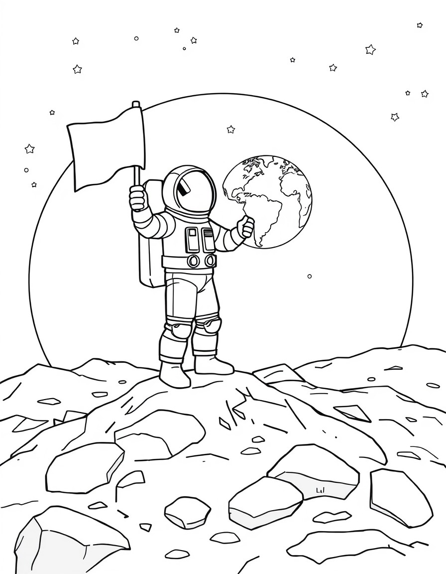 An astronaut standing on a rocky moon surface holding a flag. In the background show Earth as a small globe in space surrounded by stars. Keep the design simple and bold for coloring