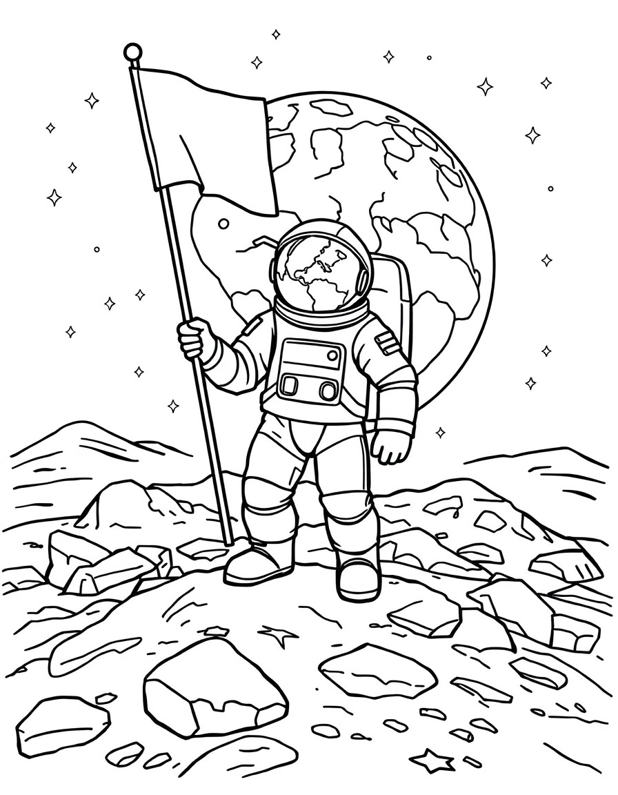 An astronaut standing on a rocky moon surface holding a flag. In the background show Earth as a small globe in space surrounded by stars. Keep the design simple and bold for coloring