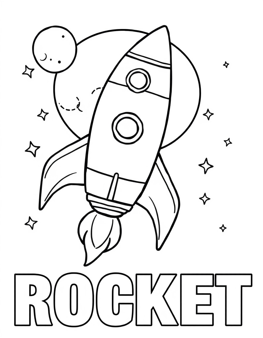 A simple outline of a rocket flying through space with stars and a moon in the background. Below the rocket write 'ROCKET' in large block letters for coloring.