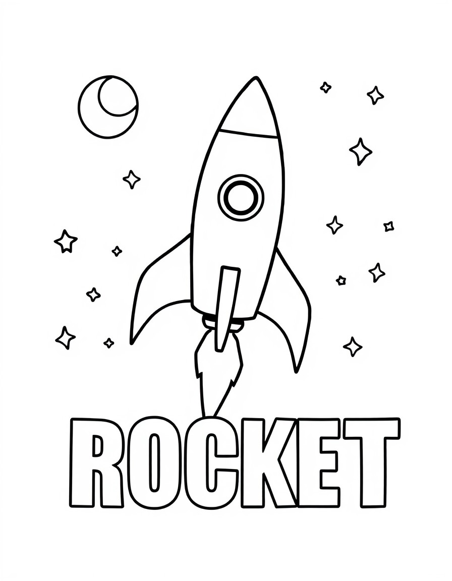 A simple outline of a rocket flying through space with stars and a moon in the background. Below the rocket write 'ROCKET' in large block letters for coloring.