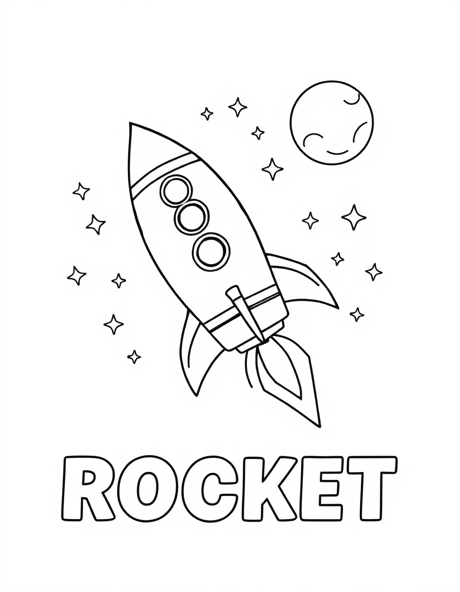 A simple outline of a rocket flying through space with stars and a moon in the background. Below the rocket write 'ROCKET' in large block letters for coloring.