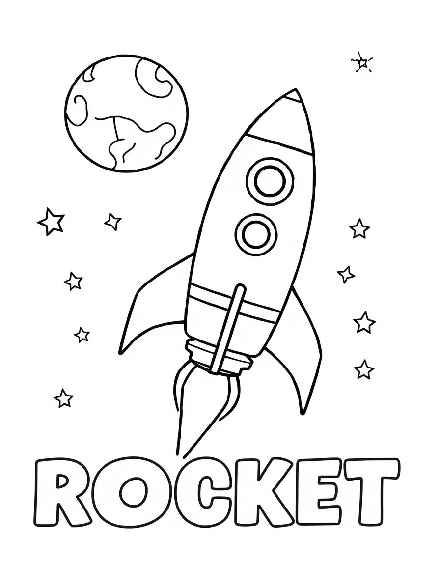 A simple outline of a rocket flying through space with stars and a moon in the background. Below the rocket write 'ROCKET' in large block letters for coloring.