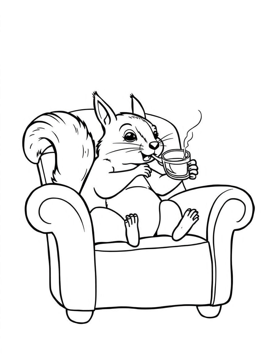 Tired squirrel drinking whiskey in an armchair