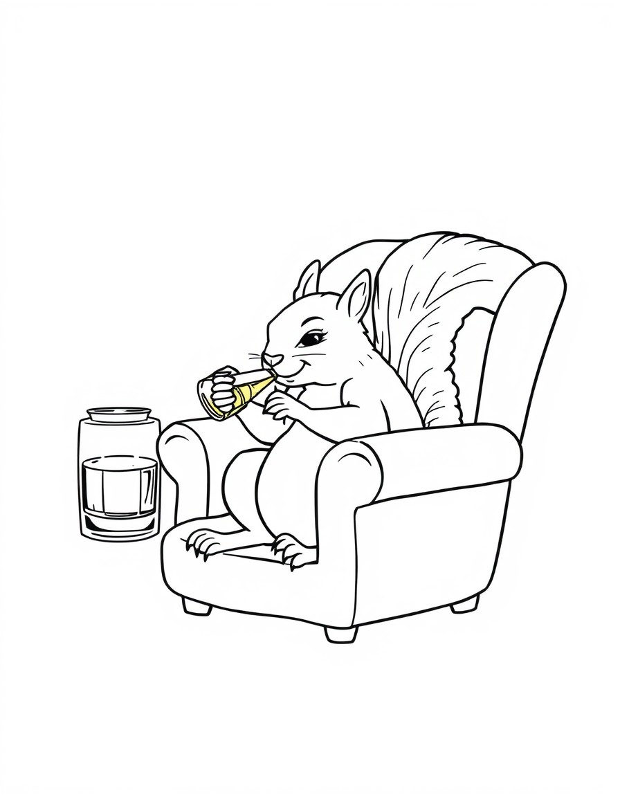 Tired squirrel drinking whiskey in an armchair