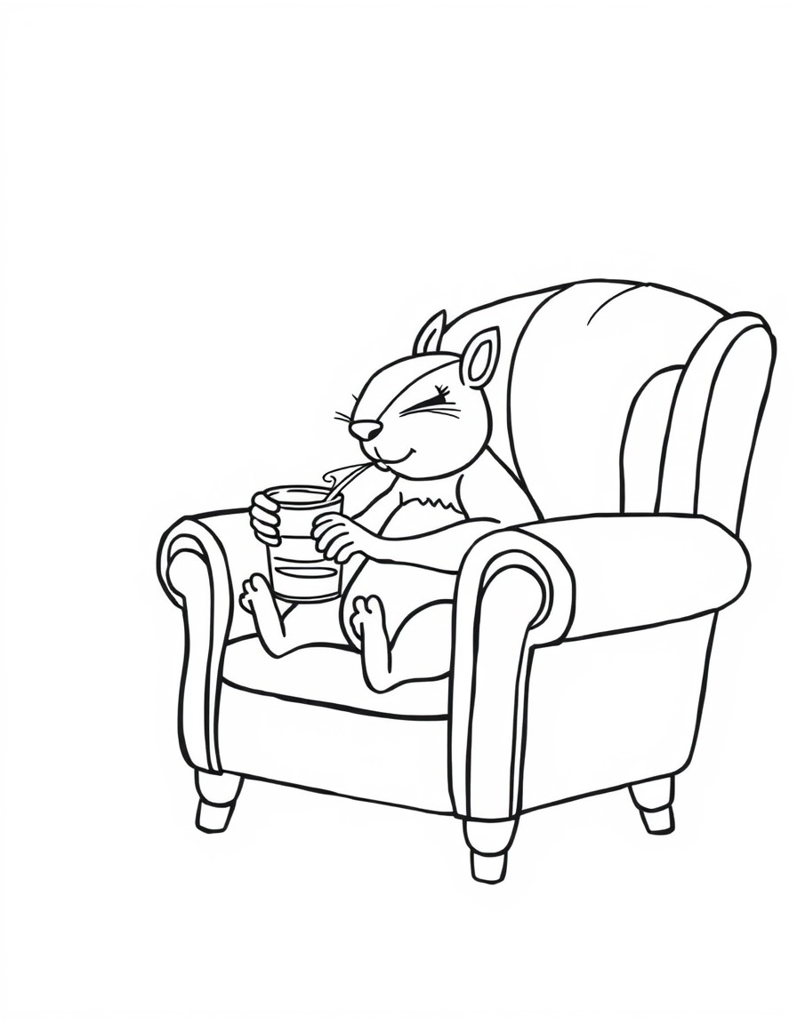 Tired squirrel drinking whiskey in an armchair