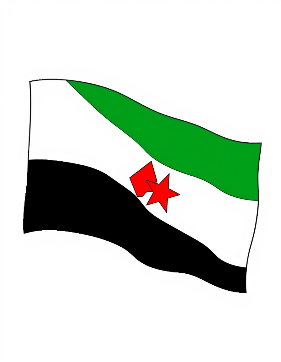 "Jordanian flag, flat rectangular layout, clean black-and-white outlines, distinct sections for black, white, green stripes, red triangle with seven-pointed star, plain white background, perfect for c