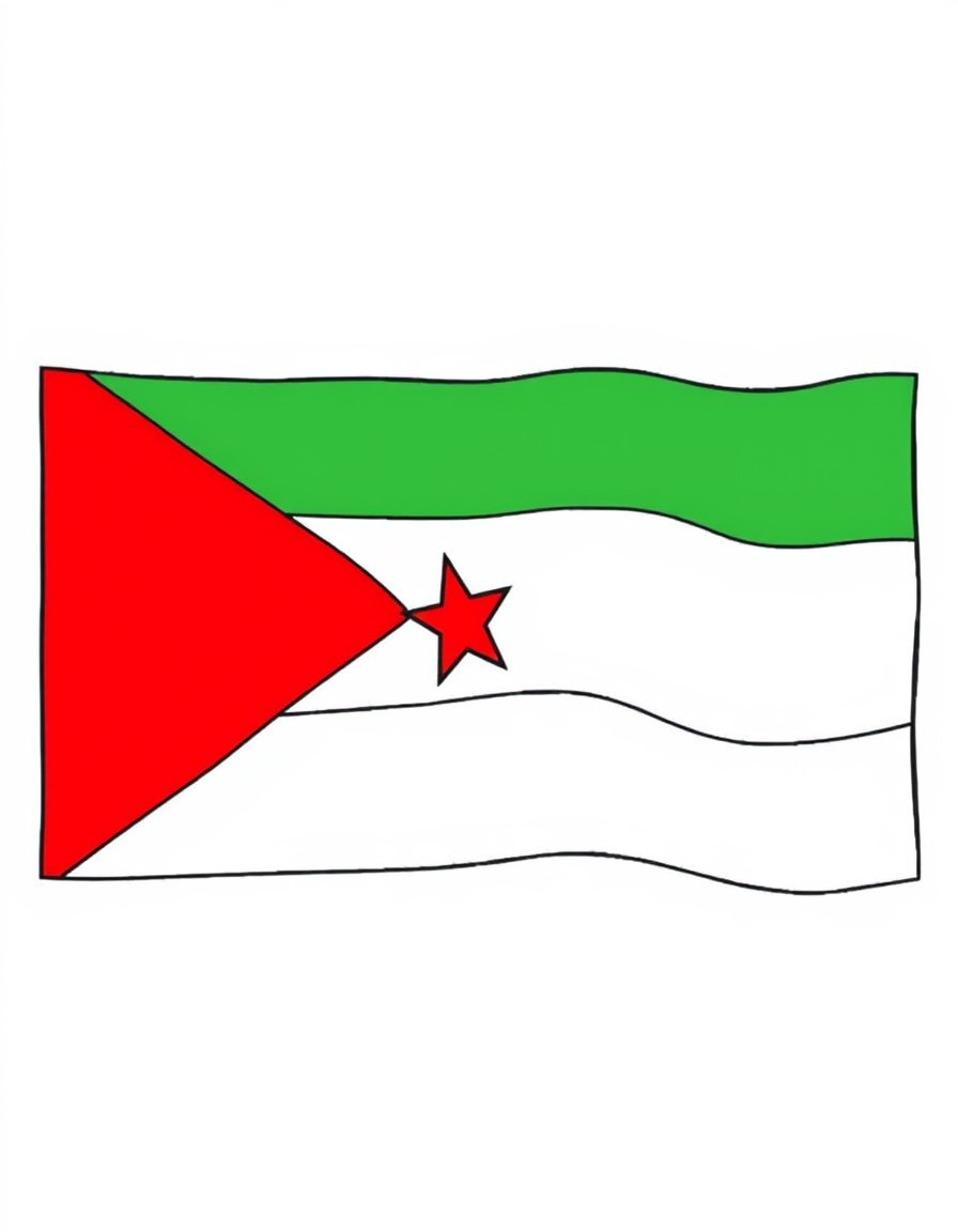 "Jordanian flag, flat rectangular layout, clean black-and-white outlines, distinct sections for black, white, green stripes, red triangle with seven-pointed star, plain white background, perfect for c