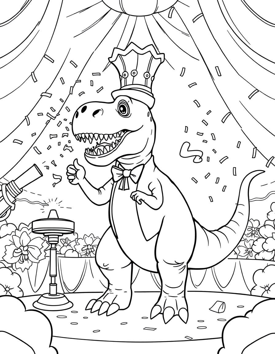 A dinosaur circus ringmaster announcing acts with confetti cannons