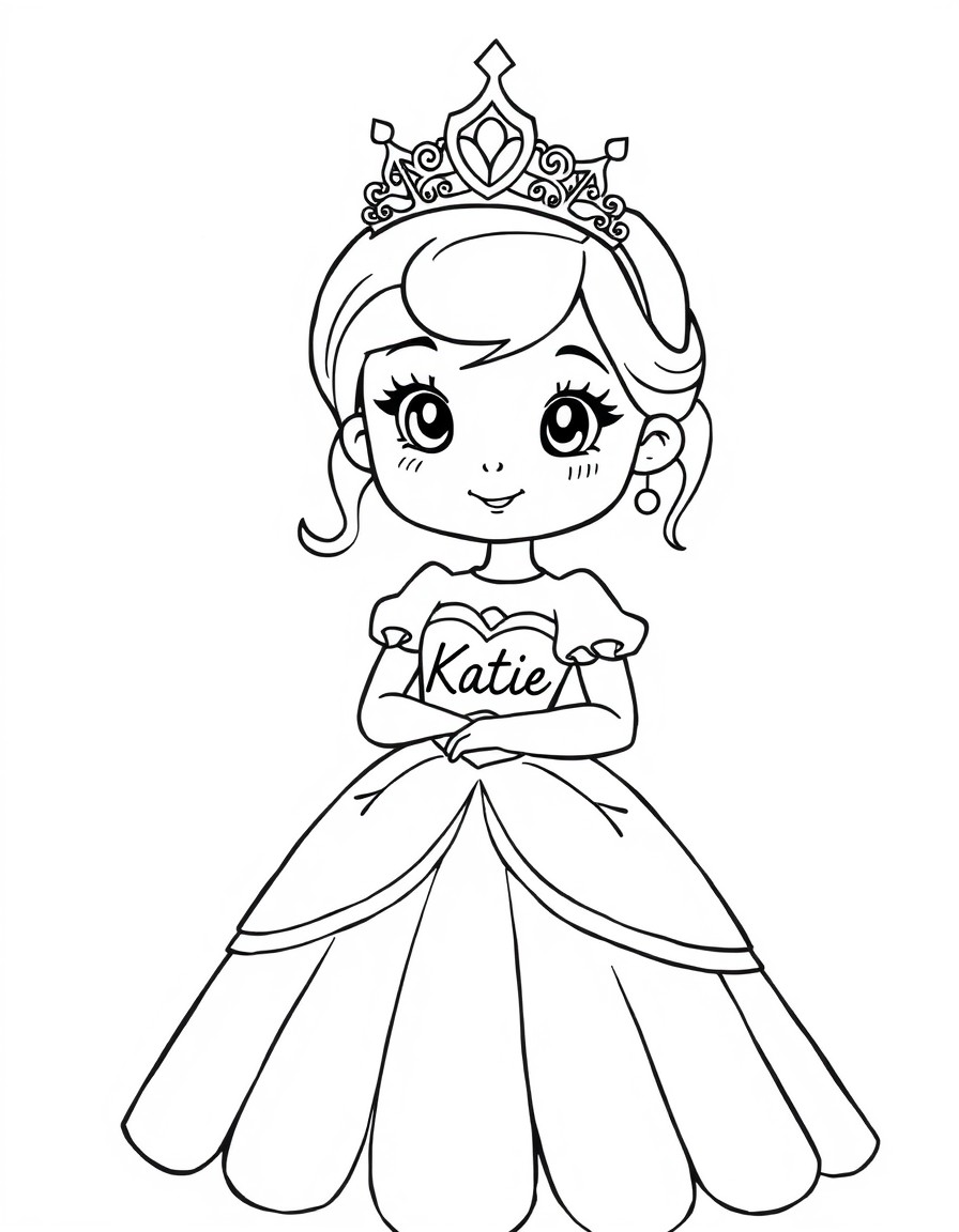 Very cute princess wearing gown and tiara with the name "Katie" on it.