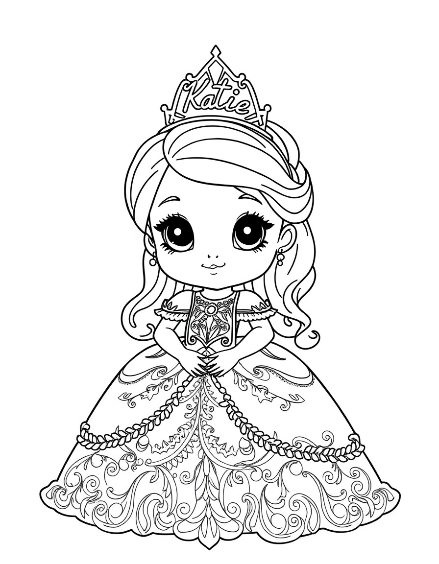 Very cute princess wearing a beautiful and ornate gown and a tiara with the name "Katie" on it.