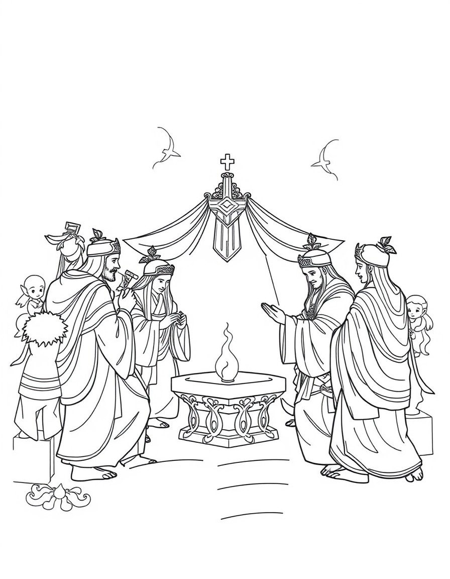 Color a scene depicting the Ceremony of Twelve.