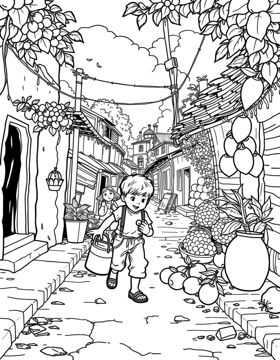 Small village boy roaming round the street stealing fruit