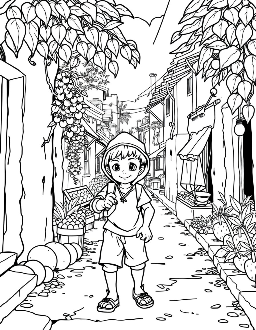 Small village boy roaming round the street stealing fruit