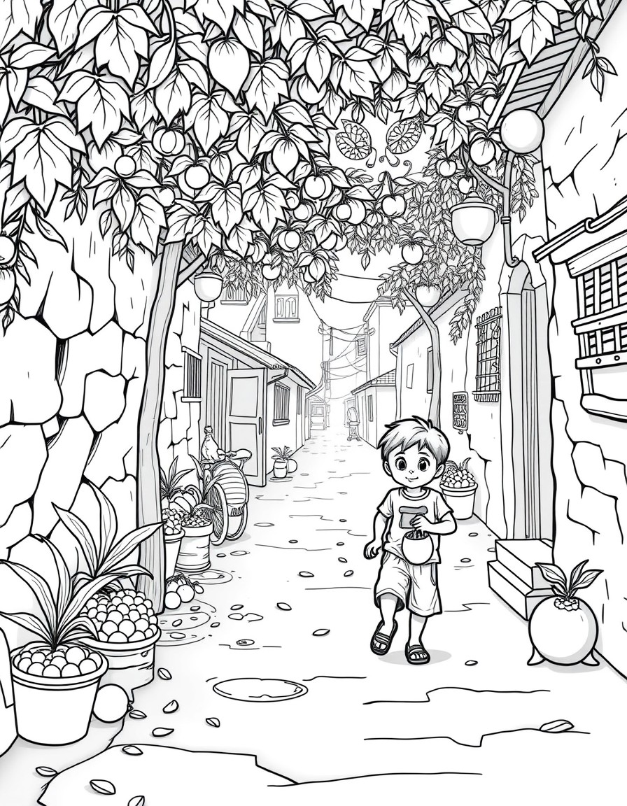 Small village boy roaming round the street stealing fruit