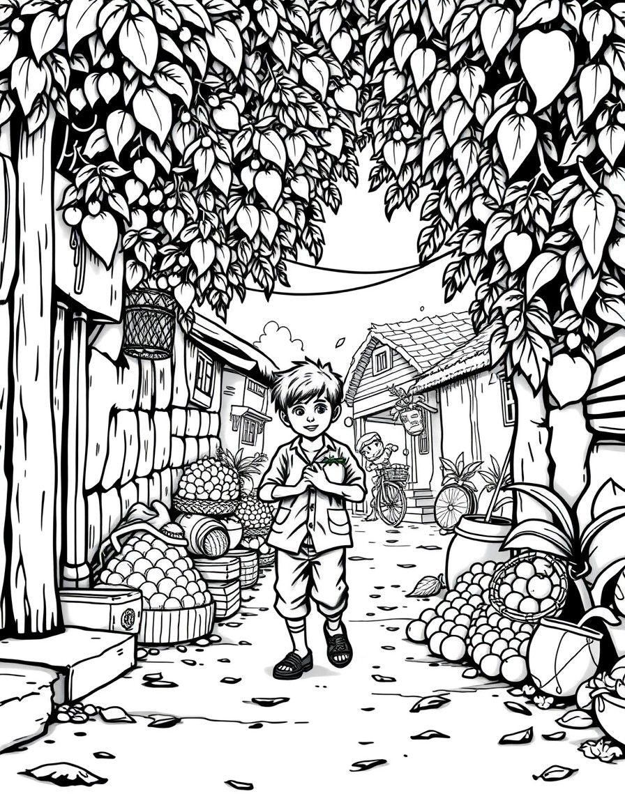 Small village boy roaming round the street stealing fruit