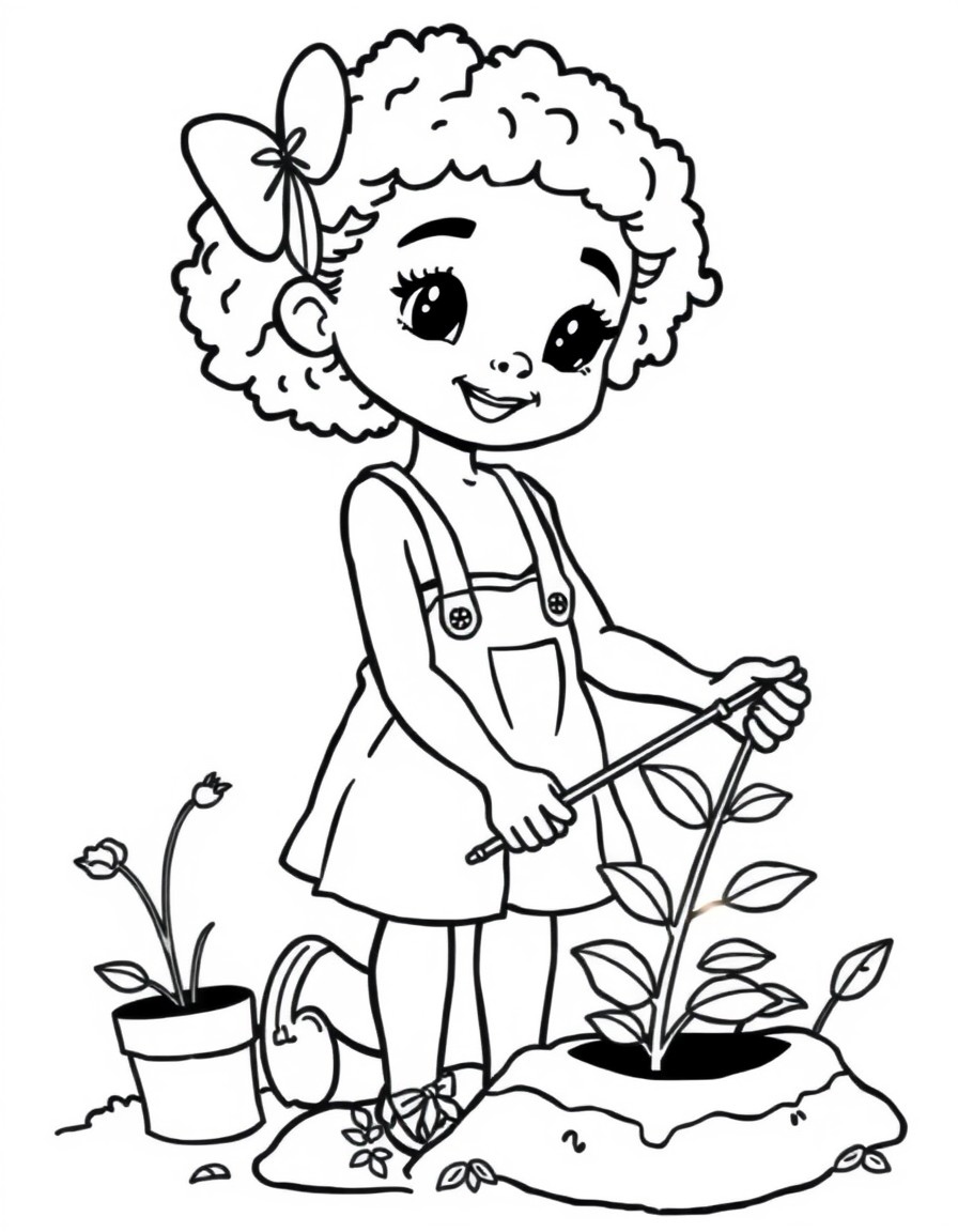 Cute African American girl gardening