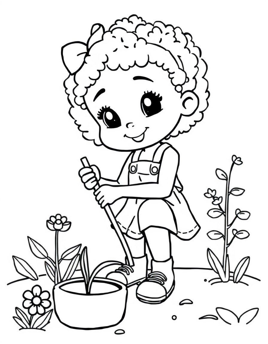 Cute African American girl gardening