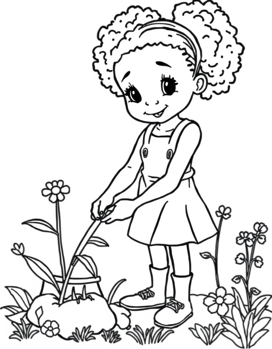 Cute African American girl gardening