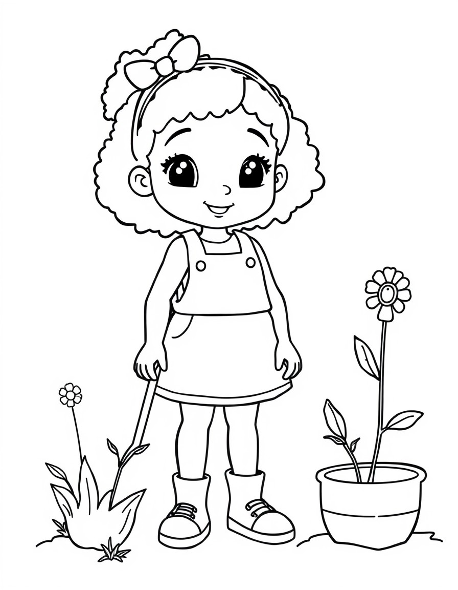 Cute African American girl gardening