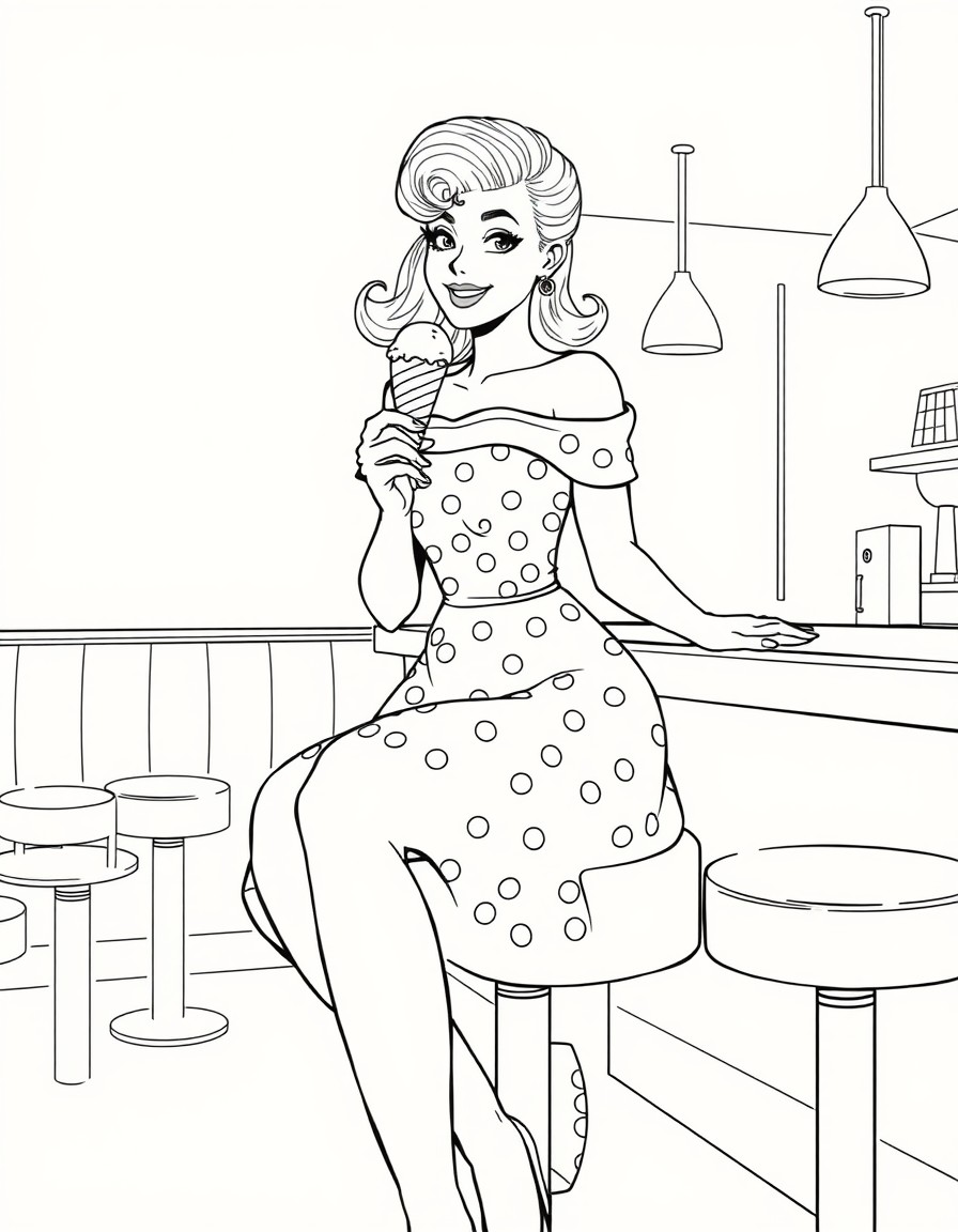 A beautiful young woman with pinup hair, wearing an off-shoulder polka dot pattern dress, holding an ice cream cone, smiling, sitting on a stool at a diner counter. There are other empty stools, banqu