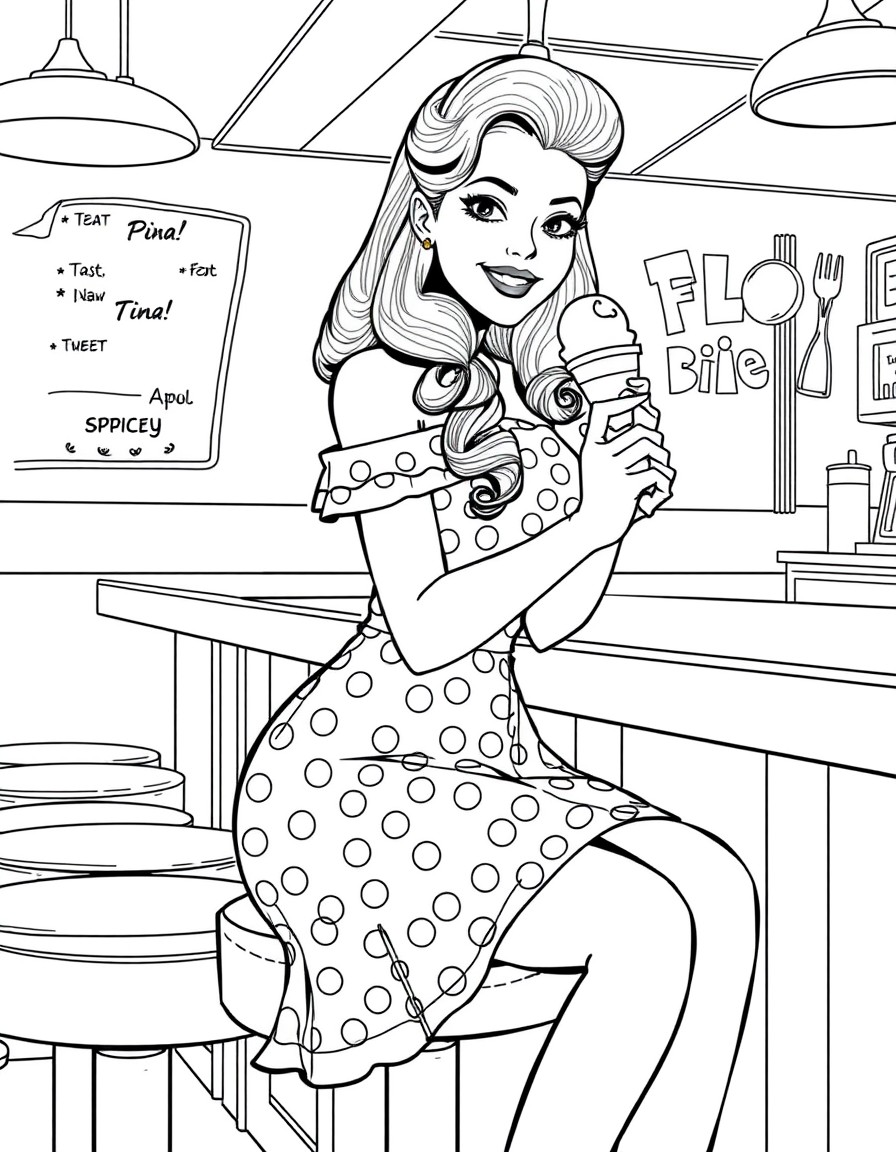 A beautiful young woman with pinup hair, wearing an off-shoulder polka dot pattern dress, holding an ice cream cone, smiling, sitting on a stool at a diner counter. There are other empty stools, banqu