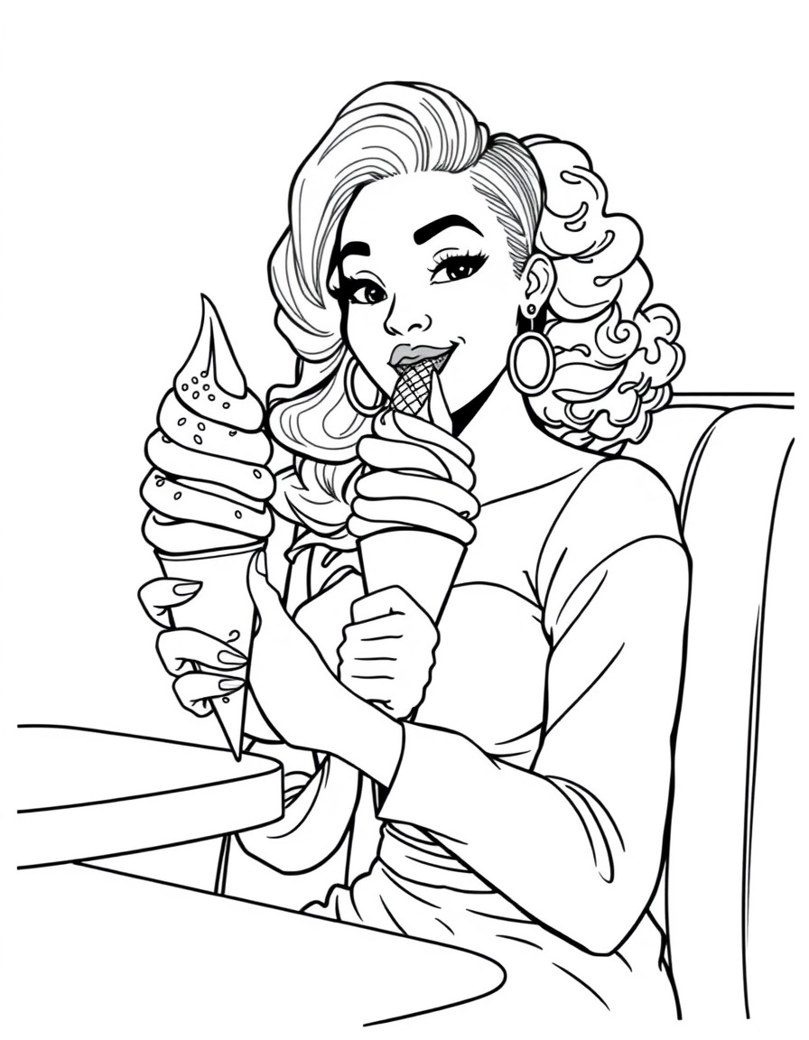 Black and white line art illustration of a charismatic, curvy mixed-race young woman seated in a retro diner booth enjoying a towering ice cream cone with sprinkles. The booth has a red vinyl interior
