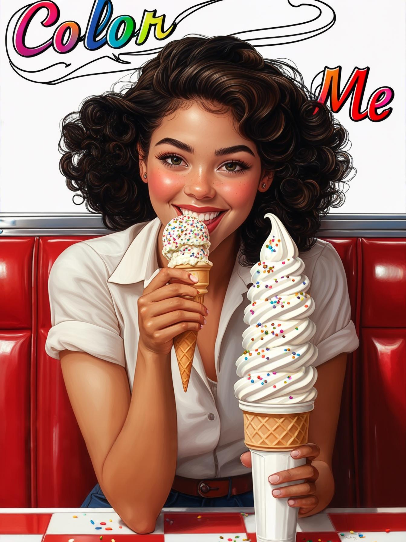 Black and white line art illustration of a charismatic, curvy mixed-race young woman seated in a retro diner booth enjoying a towering ice cream cone with sprinkles. The booth has a red vinyl interior