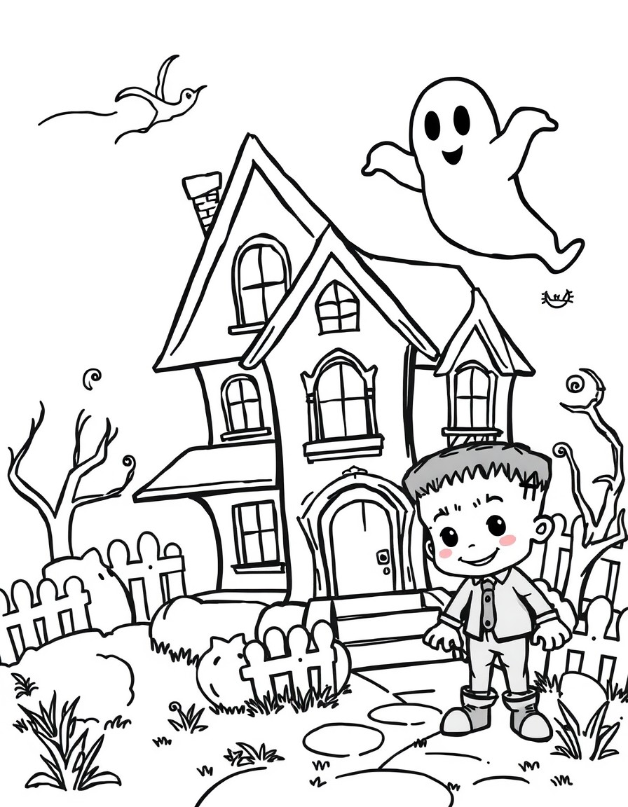 a cute ghost floating in the air beside a haunted house at night, with a cheerful Frankenstein standing nearby