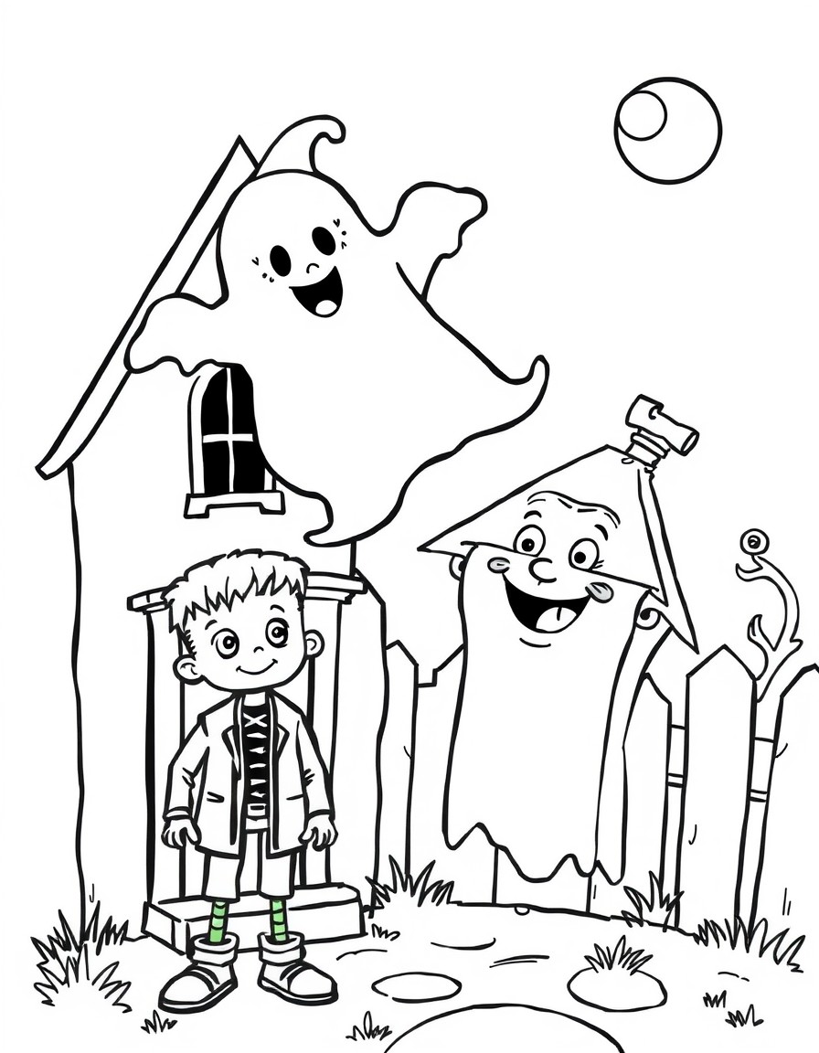 a cute ghost floating in the air beside a haunted house at night, with a cheerful Frankenstein standing nearby