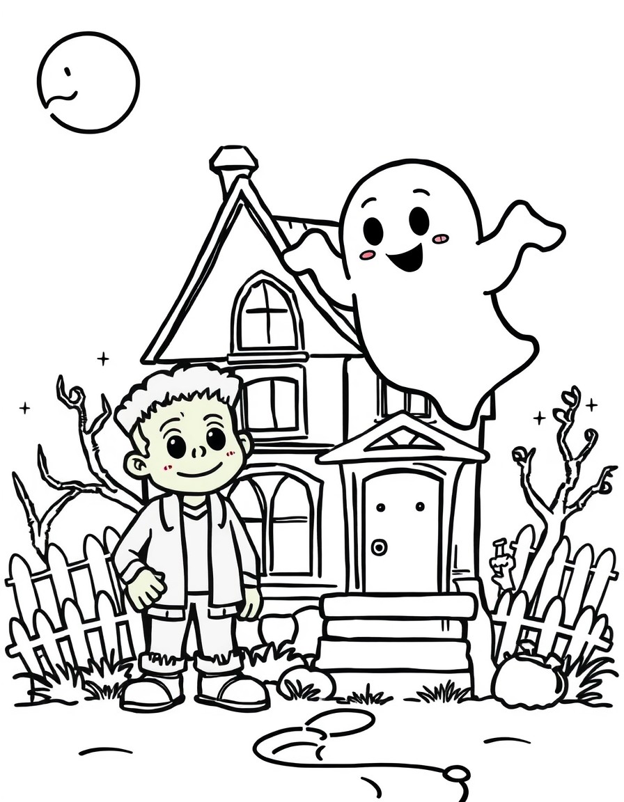 a cute ghost floating in the air beside a haunted house at night, with a cheerful Frankenstein standing nearby