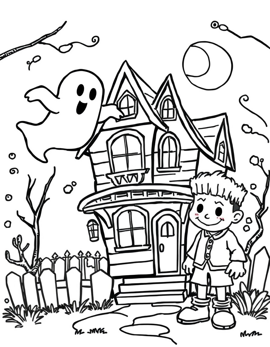 a cute ghost floating in the air beside a haunted house at night, with a cheerful Frankenstein standing nearby